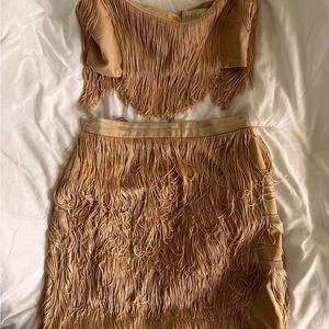 Meshki Sofia Fringe Crop Top and Mini Skirt - Nude